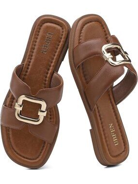 Women's Brown Square Toe Flat Sandals Slides Dressy Comfortable for Beach